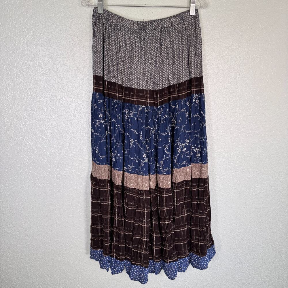 Lucia Lukken Broomskirt Skirt Womens Large Floral Plaid Mix Tiered Boho Vintage